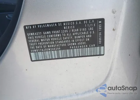 2014 Volkswagen Jetta 1.8T Se z USA, uszkodzony, nr VIN 3VWD17AJ3EM246296